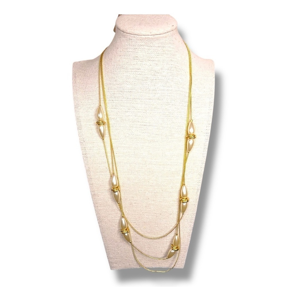 Vintage Gold Pearl Look Layered Necklace Retro Glam Event Formal